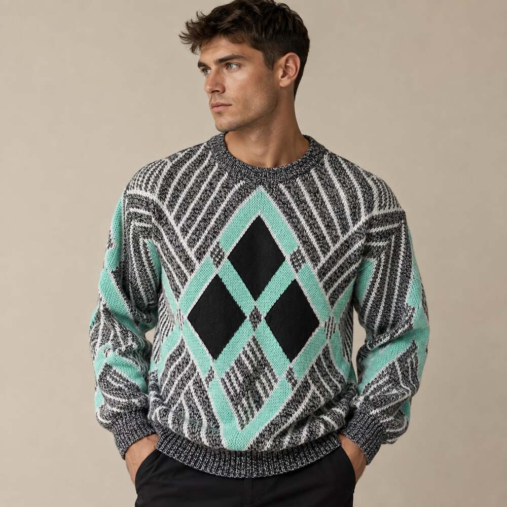 Vintage Alvin Josef Geometric Diamond Print Crewneck Sweater Black Mint Green Si